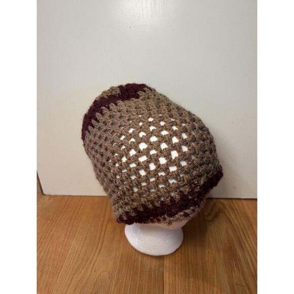 Handmade Crochet Hat Beanie Fitted One Size Womens Tan Burgundy Open Weave - Picture 1 of 4